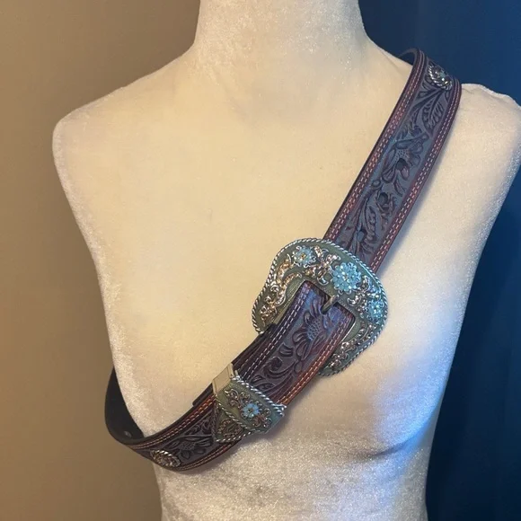 Nocona Brown Leather Belt with Silver and Blue Accents - Picture 1 of 4